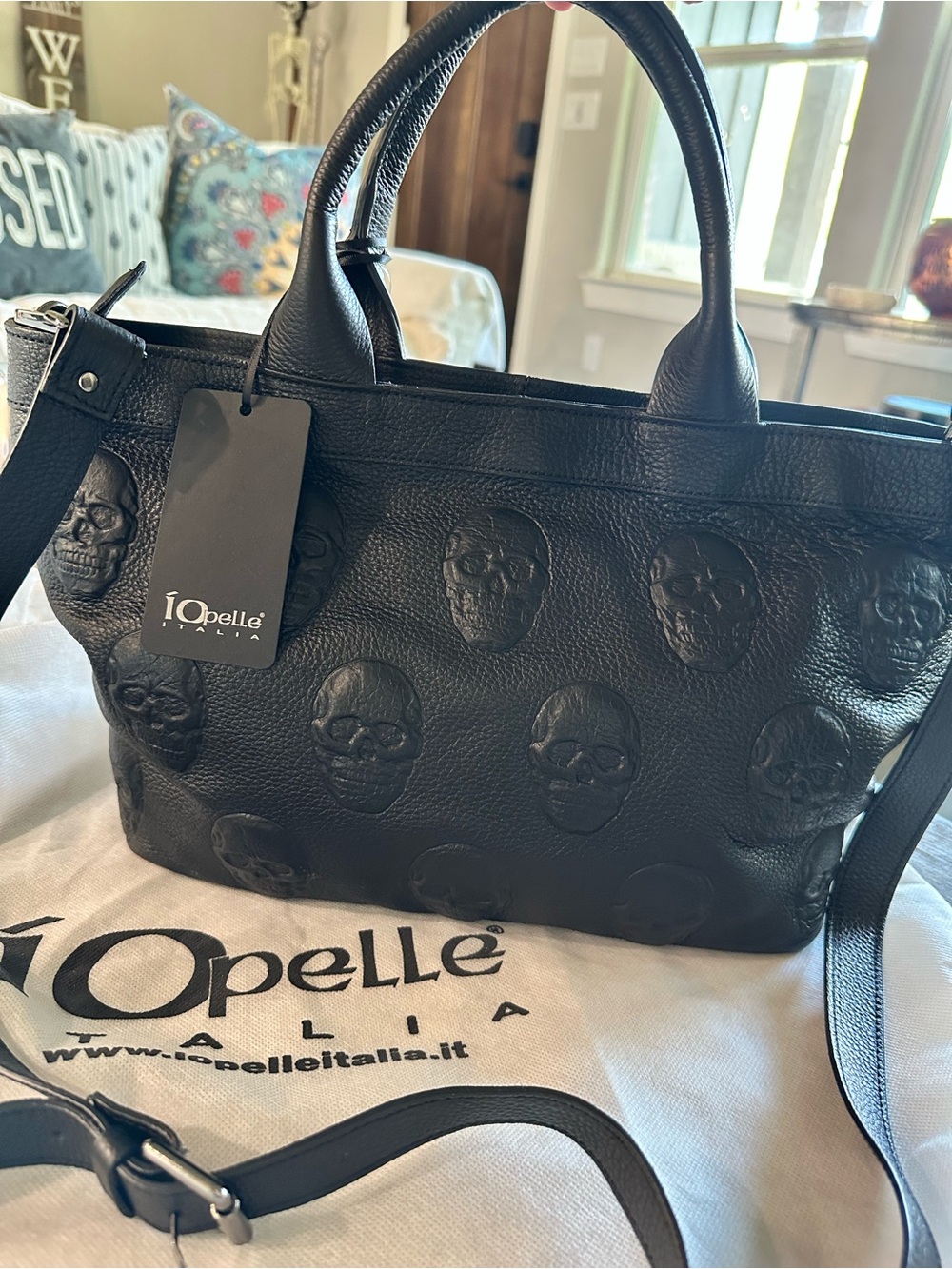 Black Embossed Skull Leather Tote Crossbody